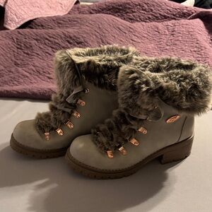 Lugz Taupe Faux Fur Lace-Up Ankle Boots